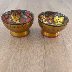 2- Vintage Russian Khokhloma Hand Painted Laquer Bowls USSR 4" Black Gold‎ Red